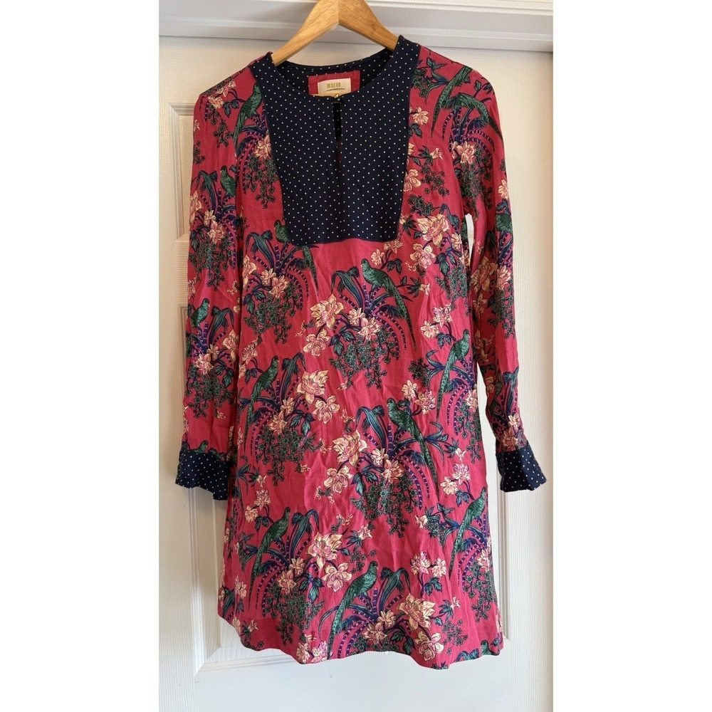Maeve Shift Dress Women 2 Pink Tropical Bird Floral Polka Dot Bib Long Sleeve